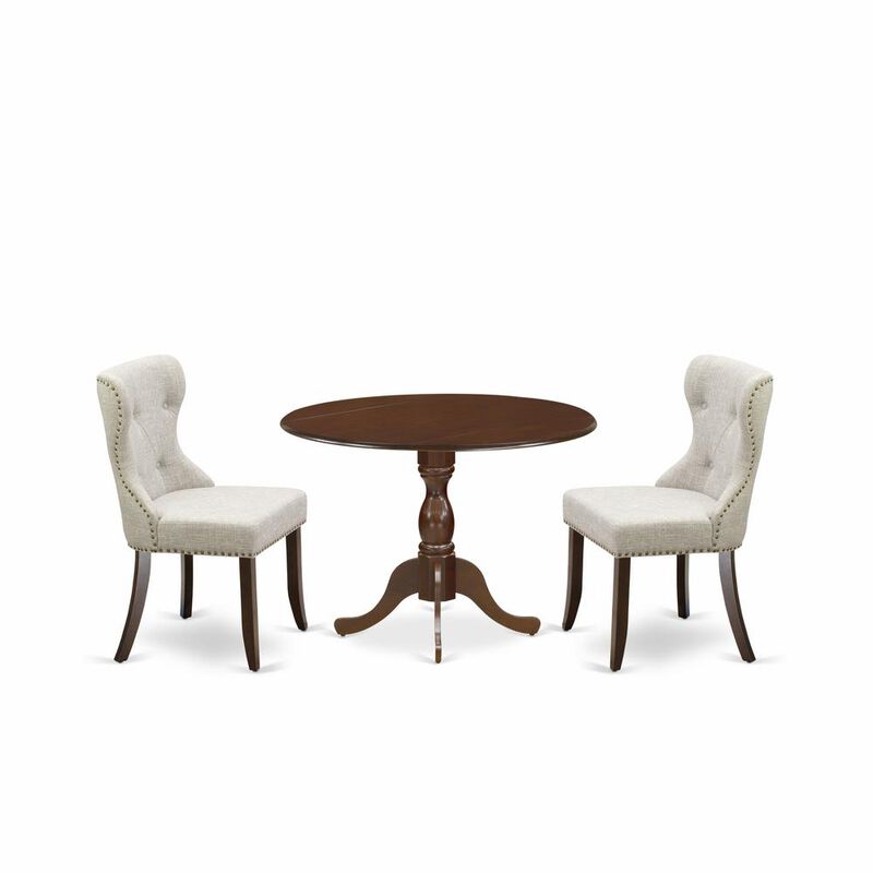 East West Furniture DMSI3-MAH-35 3 Piece Modern Dining Table Set - Mahogany Kitchen Table and 2 Doeskin Linen Fabric Dining Room Chairs Button Tufted Back with Nail Heads - Mahogany Finish