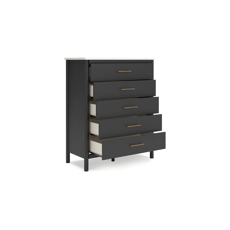 Mooran Tall Dresser Chest, 5 Drawers, Modern Marble Finish Top, Black - Benzara
