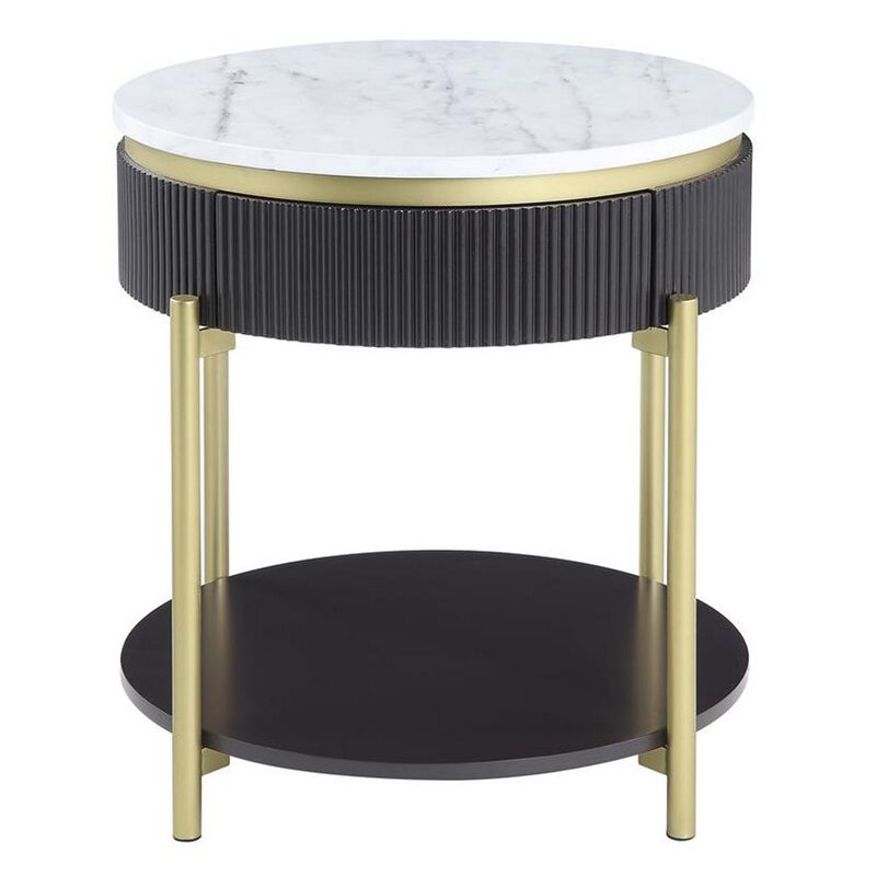 Ville 23 Inch Round Side End Table, White Faux Marble Top Brown Reeded Edge