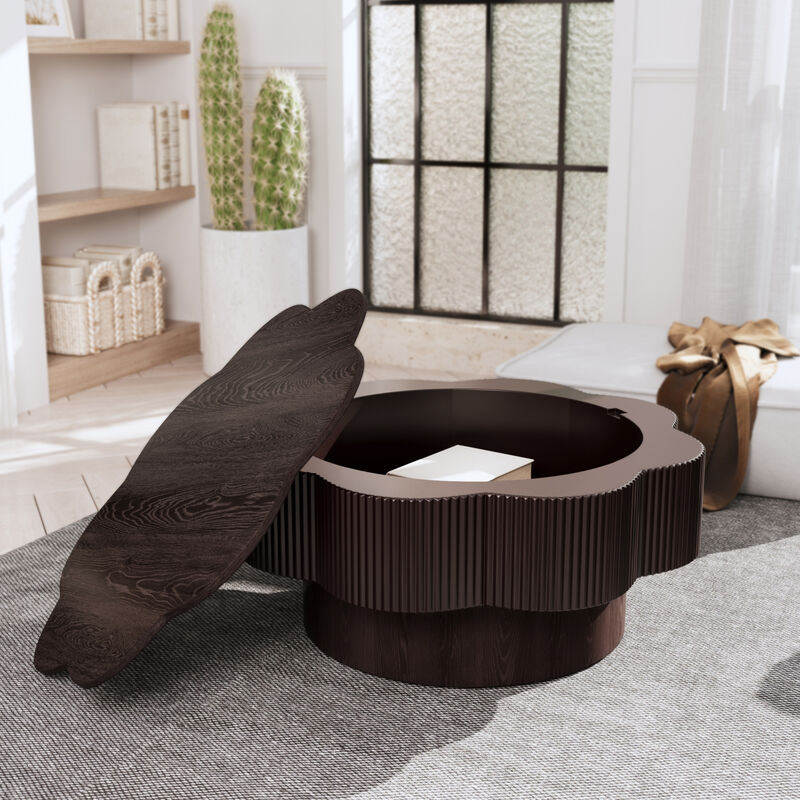 GOODSILO Modern Flower Shaped Coffee Table with Hidden Storage, Fluted Texture Plum Blossom Design for Living Room, Apartment, Office, Easy Assembly image number 1