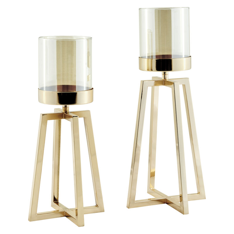 Maeve Tinted Glass Warm Gold Pedestal Hurricane Candle Holders - Set of 2