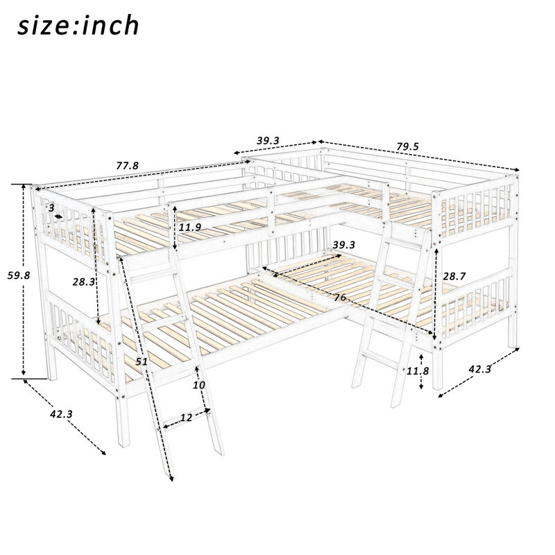 L-Shaped Bunk Bed With Ladder, Twin Size