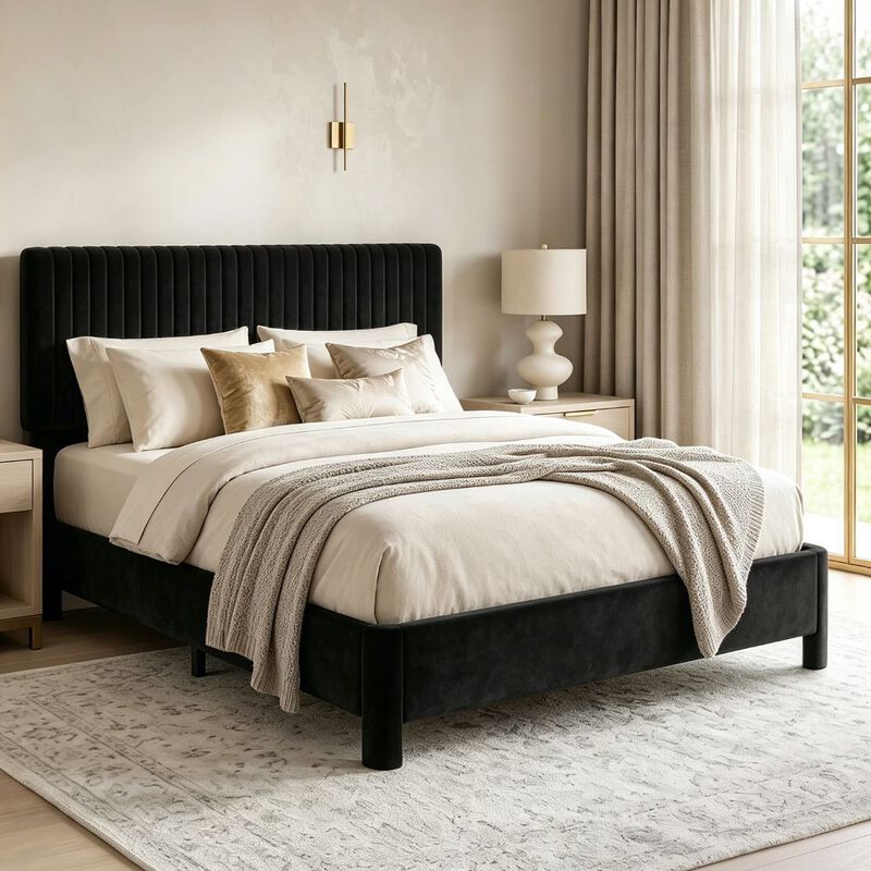 Vipbear Black Velvet Upholstered Platform Bed Frame with Headboard, Wood Slat Support, Easy Assembly image number 2