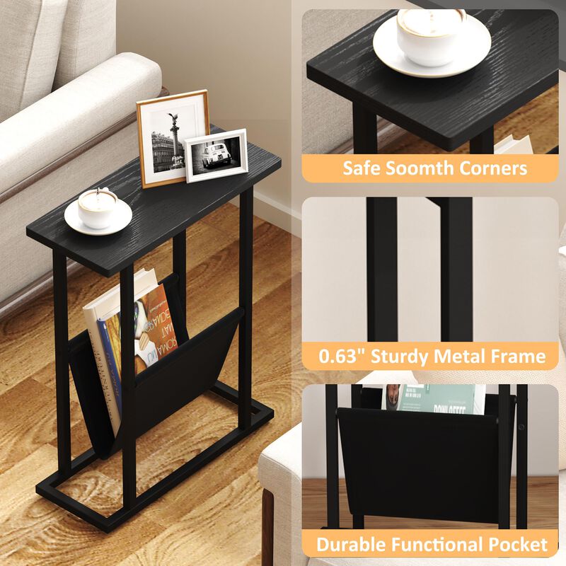 Yusong Narrow Side Table for Small Spaces, Small End Table Set of 2 with Magazine Holder Table, Skinny Slim Little Thin Table fo