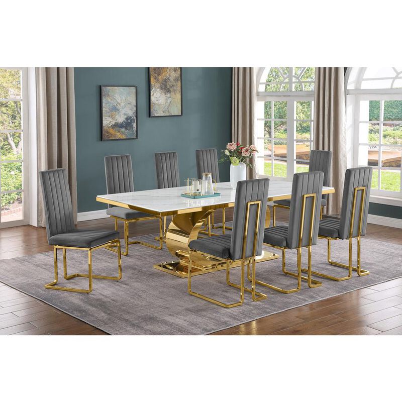 Best Quality Furniture 9pc Large(87) marble top dining set with gold base and 8 Dark side chairs