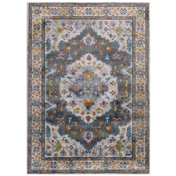 Modway Success Anisah Distressed Floral Vintage 4x6 Area Rug in Gray, Ivory, Yellow, Orange