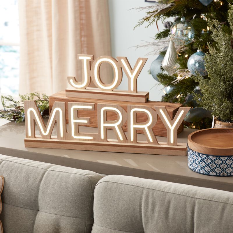 Set of 2 LED Holiday Signs for Table or Shelf Featuring Joy and Merry Messages