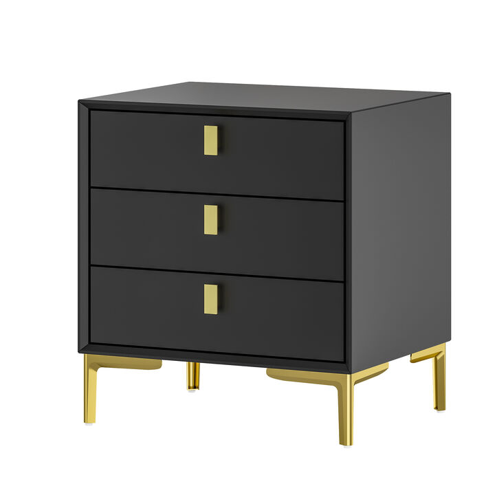 3-Drawer Black Nightstands Side End Table With Gold Metal Legs For Living Room, Bedroom