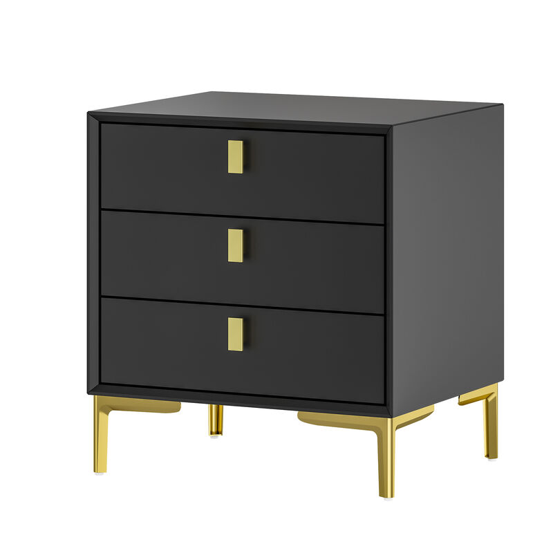 3-Drawer Black Nightstands Side End Table With Gold Metal Legs For Living Room, Bedroom
