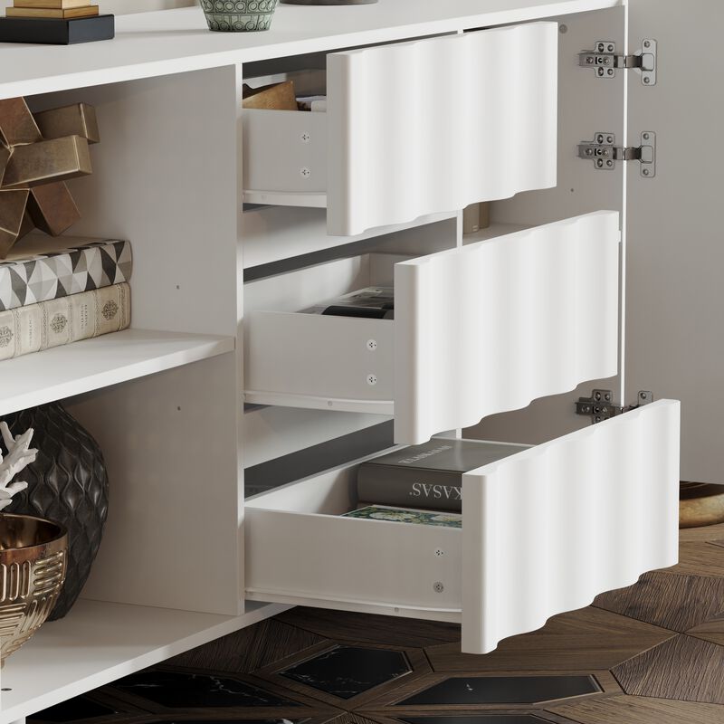 FUFU&GAGA Pure White Storage Cabinet with Doors and Drawers, Handleless Design, Vertical Wave Texture, Painted Craftsmanship, Ultra-Thick Shaped Fronts, (61 in. W x 15.8 in. D x 29.5 in. H), White