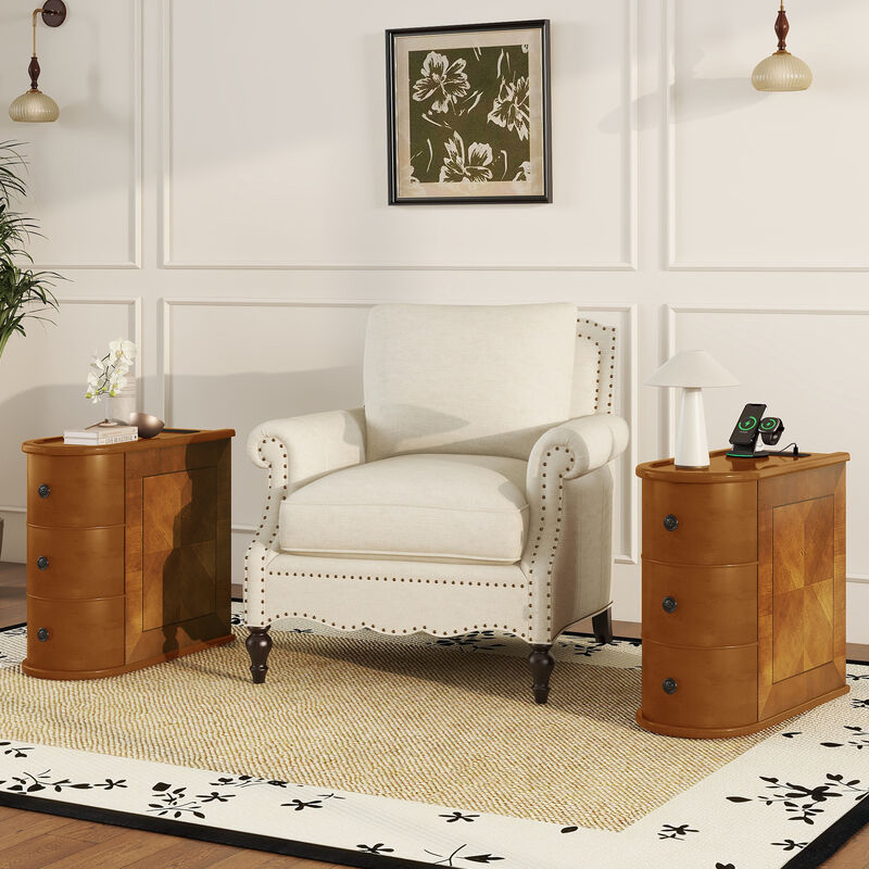 Whisen 23.6" Side Table with Charging Station, 2 Drawers Rubber Wood End Table for Living Room Bedroom image number 3