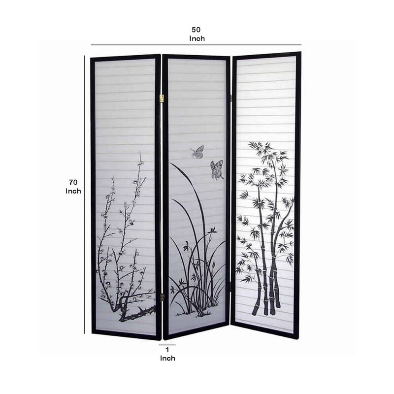 Naturistic Print Wood and Paper 3 Panel Room Divider, White and Black-Benzara