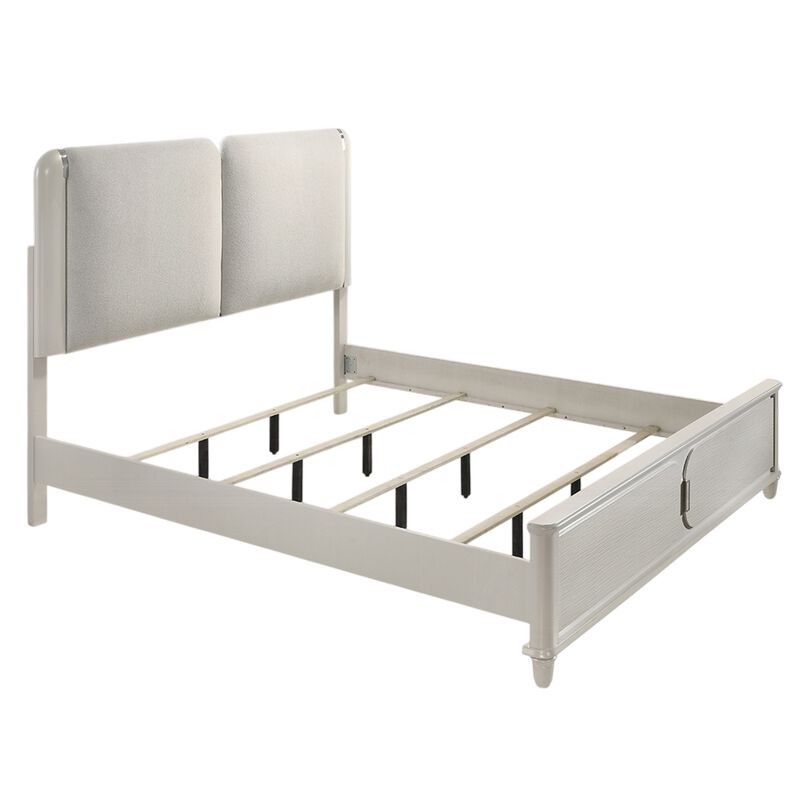 Veda Queen Size Bed with LED, Pearl White, Gray Boucle Upholstered - Benzara