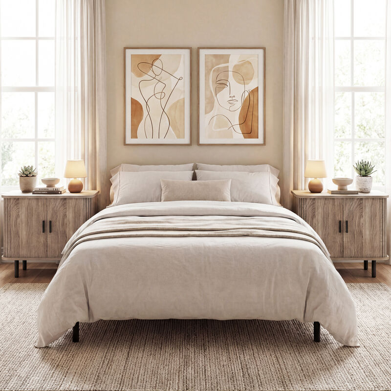 Modern Bedside Nightstand with Sliding Doors and Open Shelf for Bedroom image number 7