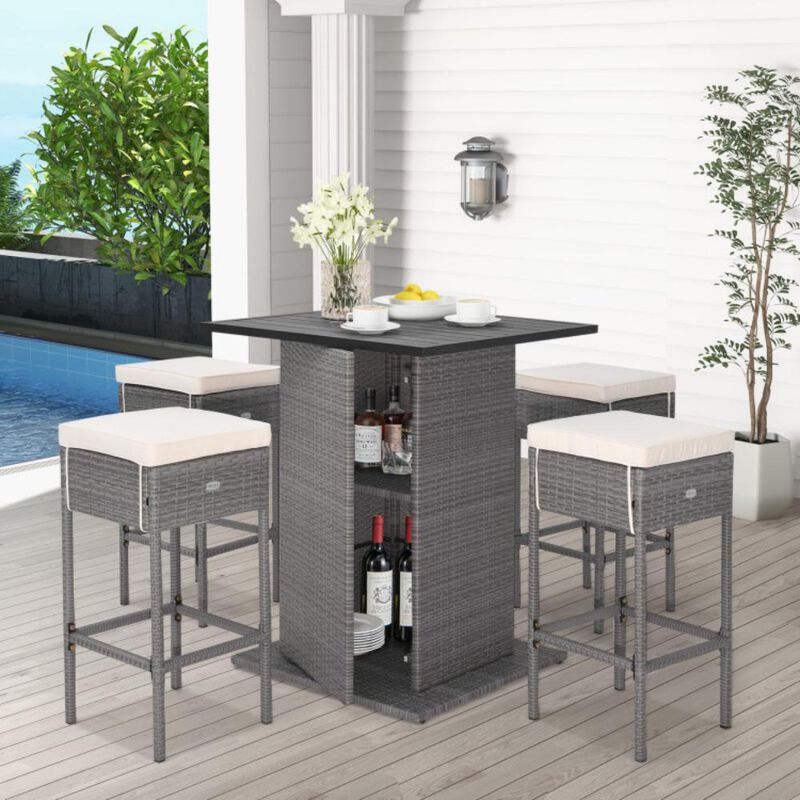 Hivvago 5 Pieces Outdoor Wicker Bar Table Set with Hidden Storage Shelves