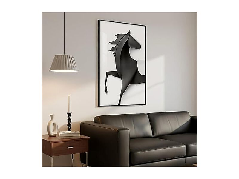 Large Framed Modern Black White Horse Wall Art Vertical Abstract Animal Bright image number 1