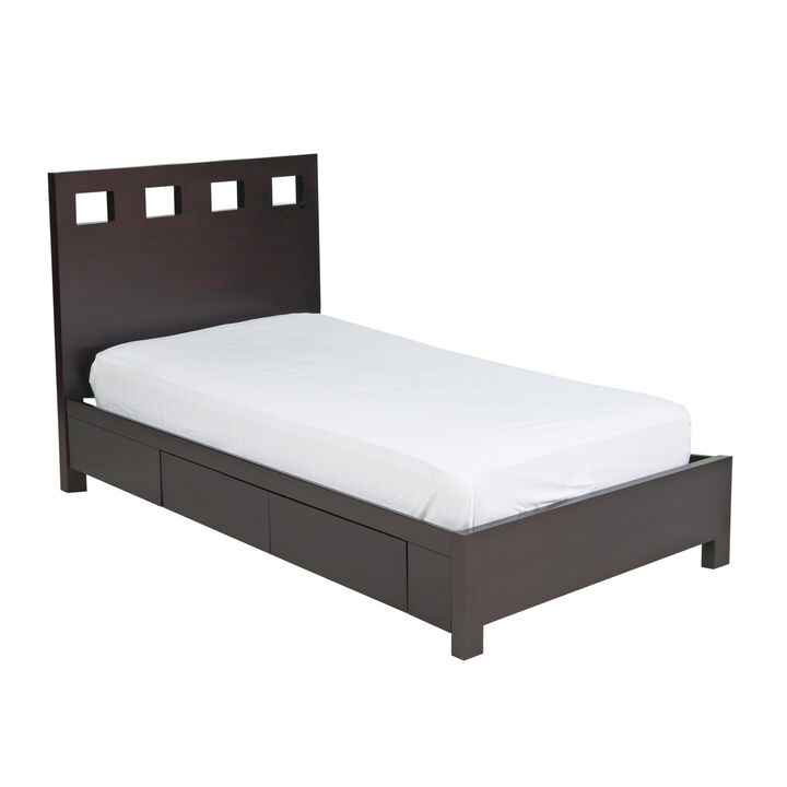 Yee California King Storage Bed, Espresso, 4 Drawers, Cut Out Headboard - Benzara