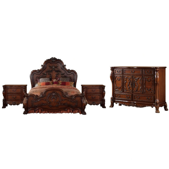 Queen Size Bedroom Set, Traditional Carved Wood Design, Brown Finish, 4-Piece Set with Bed, Nightstands and Dresser