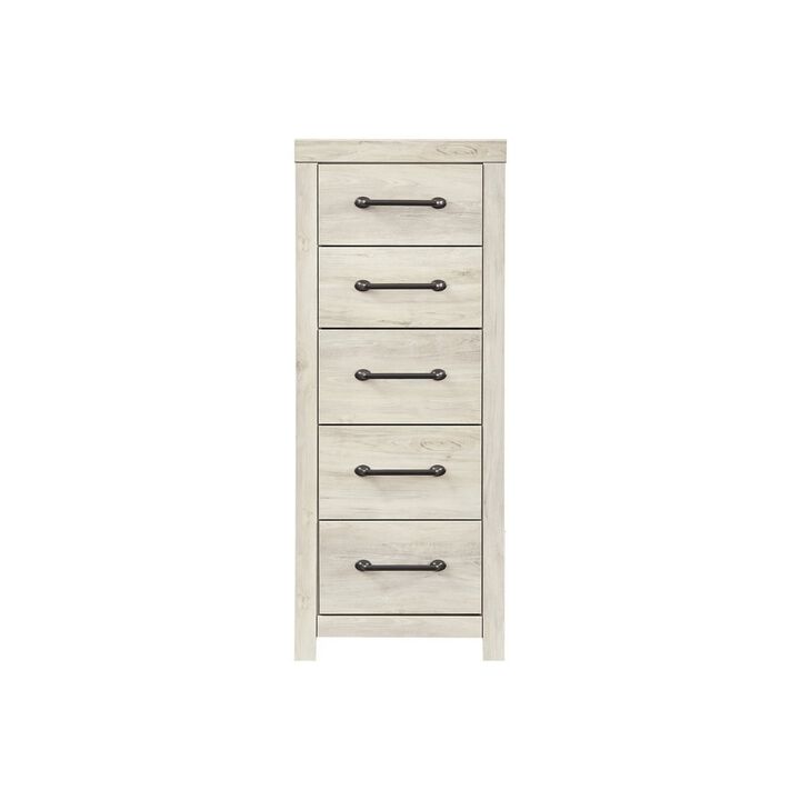 Grained 5 Drawer Wooden Chest with Bar Pull Handles, Distressed White-Benzara