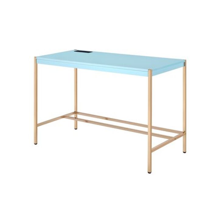 Writing Desk with USB Dock and Metal Legs, Sky Blue and Gold - Benzara