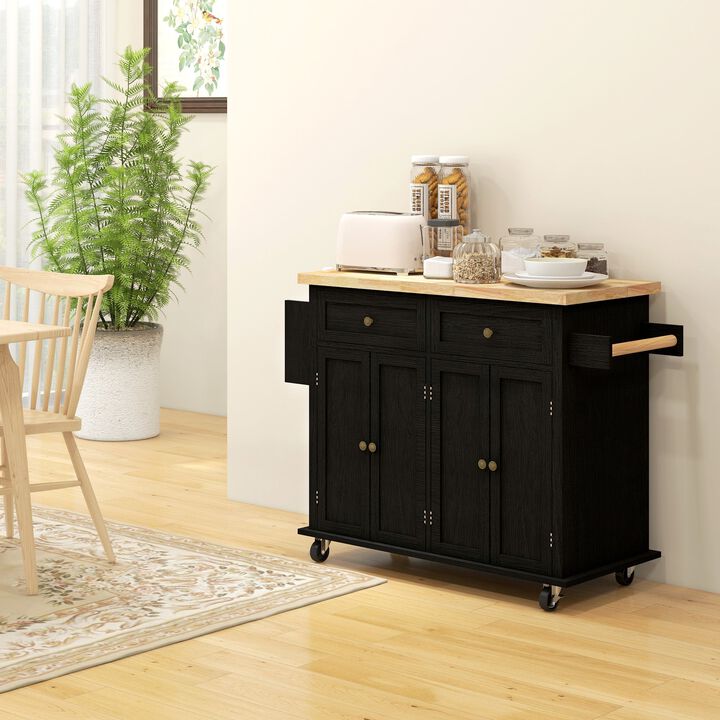 Black Kitchen Island Cart: Rubberwood Top, Spice Rack