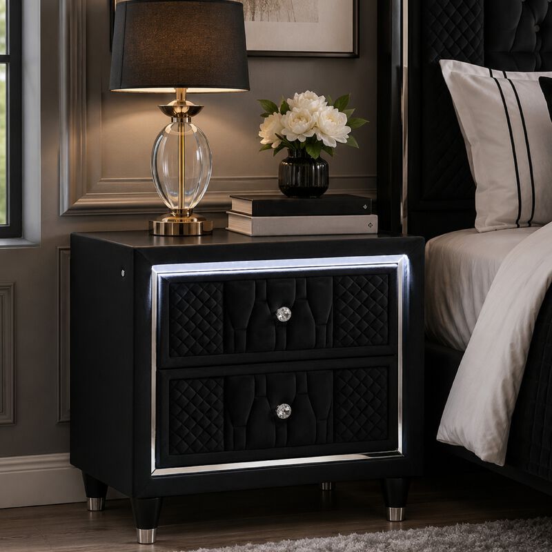 Maren Nightstand with 2 LED Drawers, USB Port, Velvet image number 1