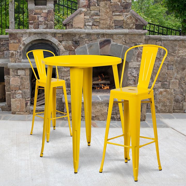 Flash Furniture Commercial Grade 30" Round Yellow Metal Indoor-Outdoor Bar Table Set with 2 Cafe Stools