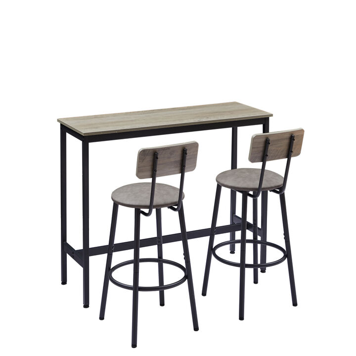 Bar Table Set with 2 Bar stools PU Soft seat with backrest, Grey, 43.31" L x 15.75" W x 35.43" H