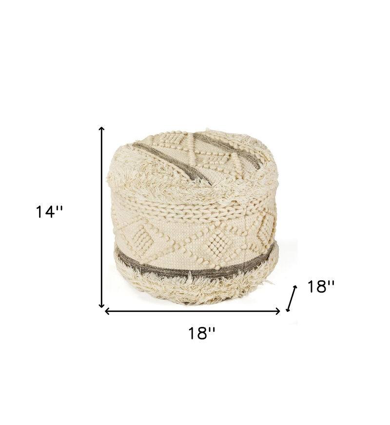 Hivvago 18 Inch Cream Wool Cotton Blend Round Geometric Pouf Ottoman