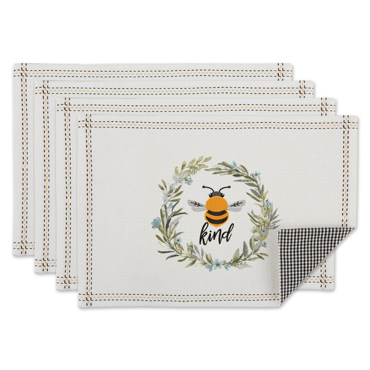 Set of 4 White and Yellow Bee Kind Reversible Embellished Placemat  9"