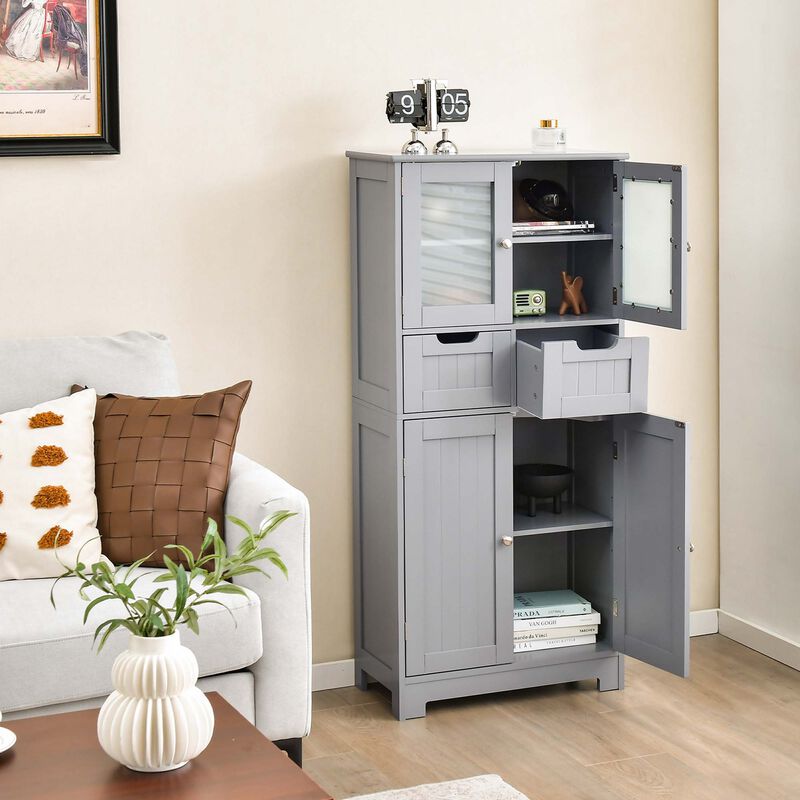 Costway Bathroom Floor Storage Cabinet Kitchen Cupboard with 2 Drawers & Glass Doors Grey