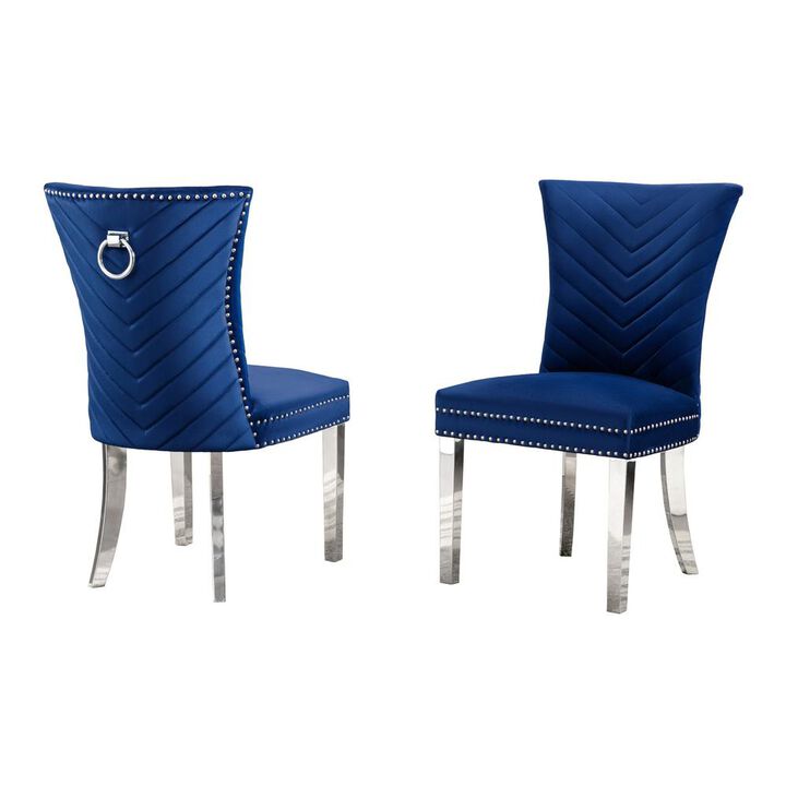 Best Quality Furniture Navy Blue Velvet Side Chairs With Silver Base (Set Of 2)