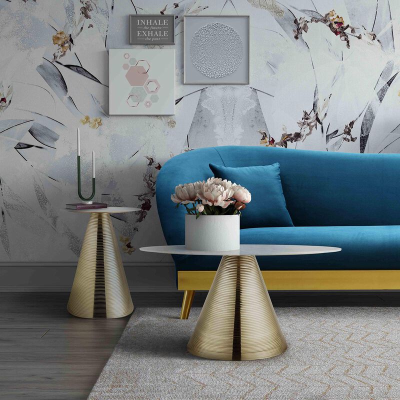 TOV Furniture Tempo Modern Round Marble Side Table, 16", Gold, White image number 1