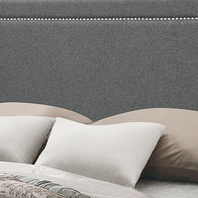 Fabric Eastern King Bed with Geometric Pattern Nailhead Trims, Gray-Benzara