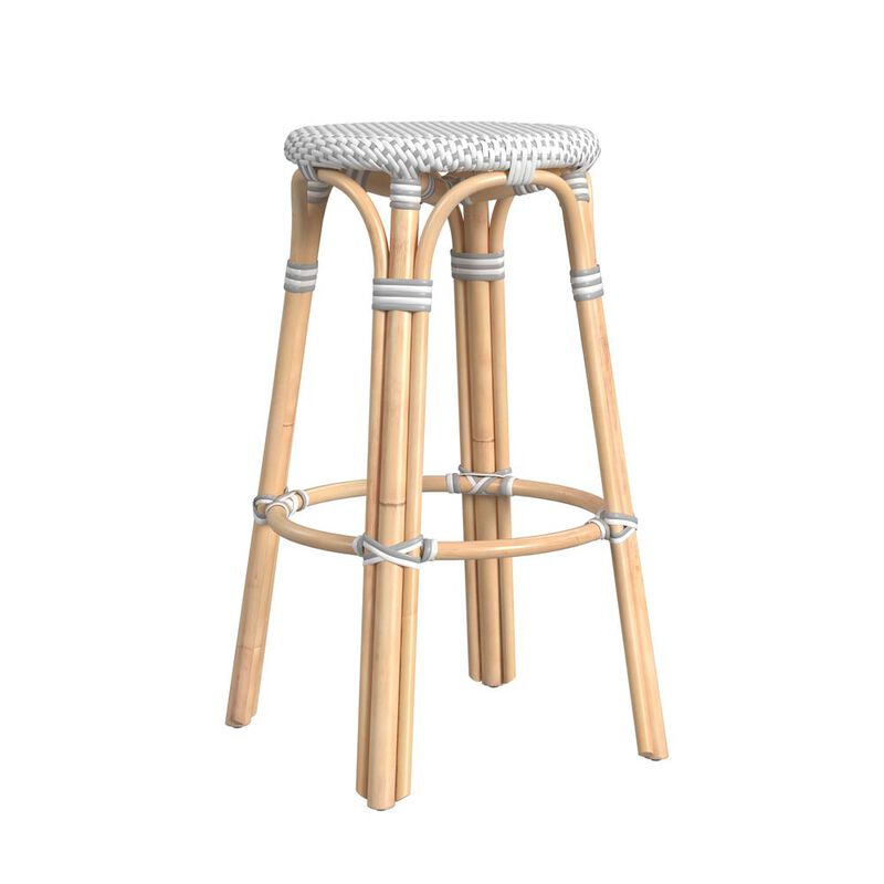 Butler Specialty Tobias Round Rattan 30 Bar Stool, White and Gray Dot