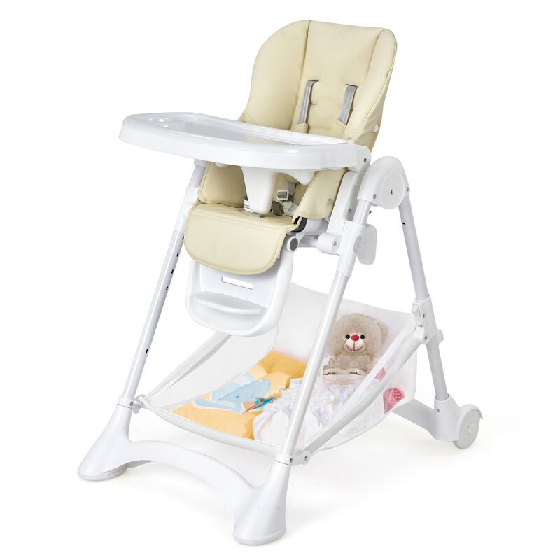 Baby Convertible Folding Adjustable High Chair with Wheel Tray Storage Basket