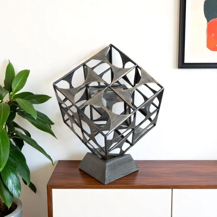HomeRoots 20" Gray Metal Geo Cube Tabletop Sculpture