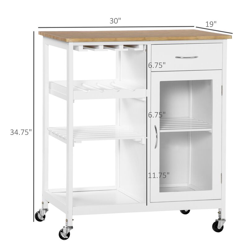 Rolling Kitchen Island Cart on Wheels, Portable Kitchen Cart with Slatted Shelf, Bamboo Grain Tabletop and Handle, Acrylic Door, White image number 3