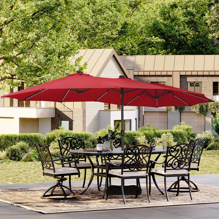 15 FT Double-Head Patio Umbrella with Base Included Large Outdoor Umbrella with Solar Detachable Lights Rectangular Crank Market Umbrella, Red