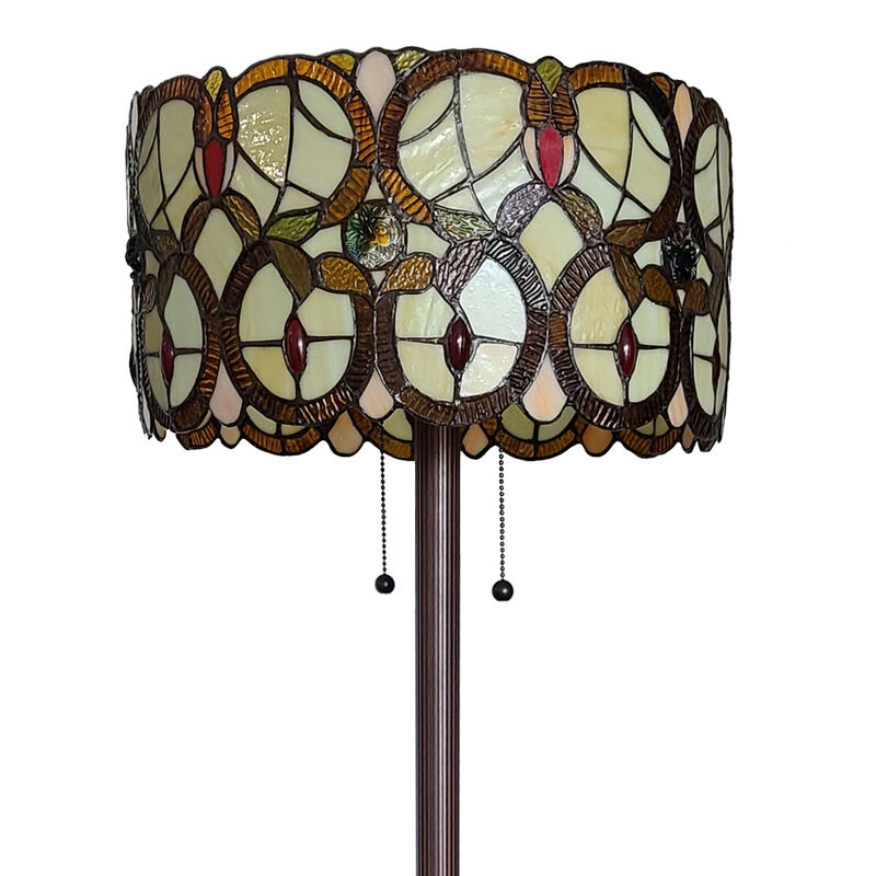 Hivvago 63" Beige Metal Two Light Torchiere Floor Lamp With Red And White Flowers Glass Drum Shade