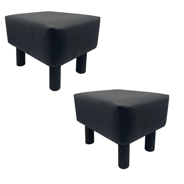 Ginni Footstool Ottoman Set of 2, Black Faux Leather, Soft Seat, Wood Legs - Benzara