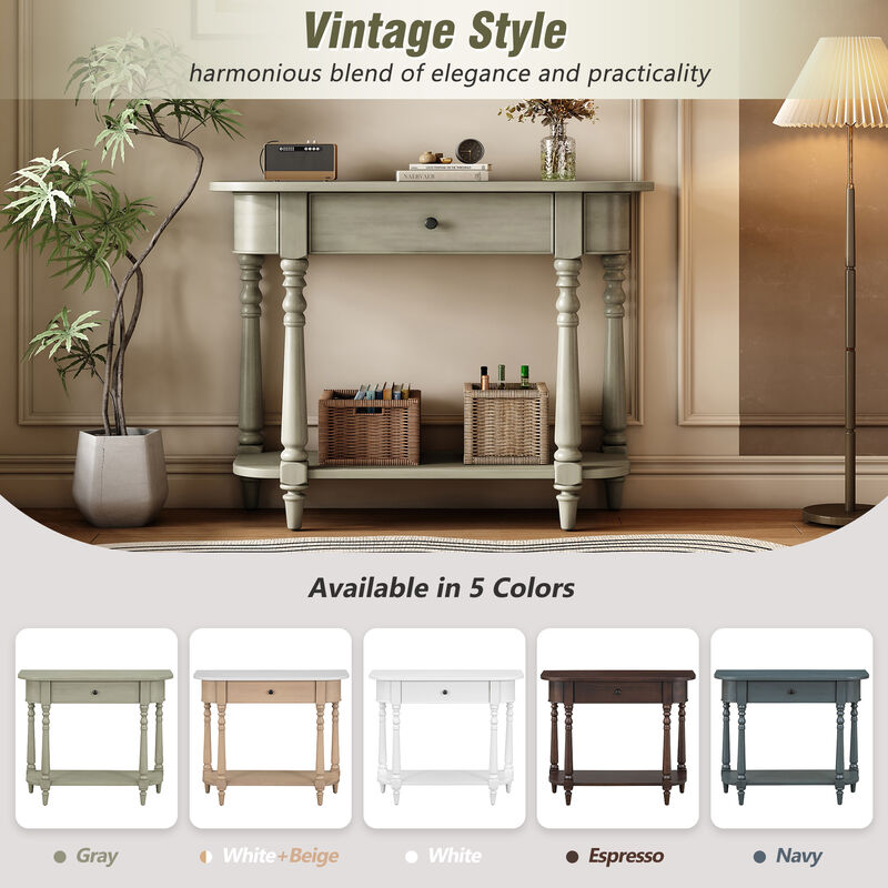 Whisen Retro Corner-curved Console Table with Top Drawer and Open Shelf for Living Room and Entryway - Beige