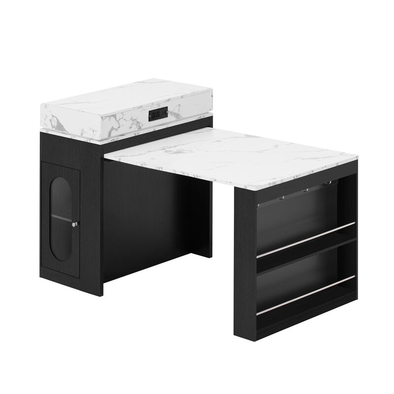 Whisen Extendable Dining Table 57.7"x32.7", Glass & MDF, w/Drawers, Power Outlet, Kitchen Island on Wheels image number 0