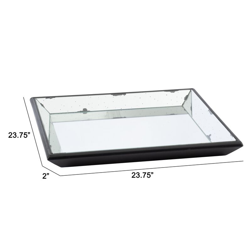 24 Inch Square Decorative Tray with Mirrored Surface, Modern Style, Black-Benzara