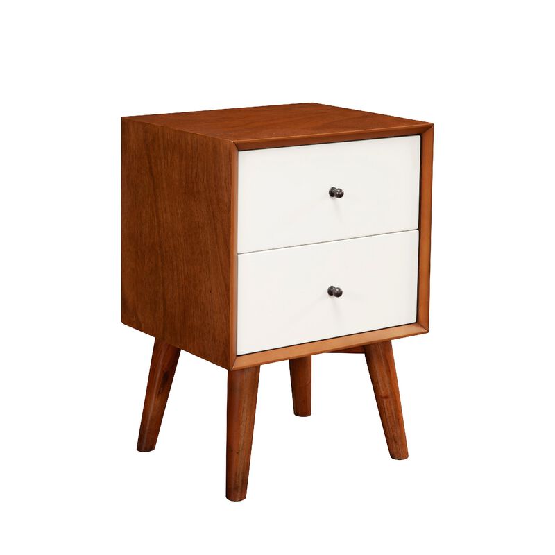 Stylish Wooden Nightstand With Two Drawers and Flared Legs, Brown and White-Benzara image number 2