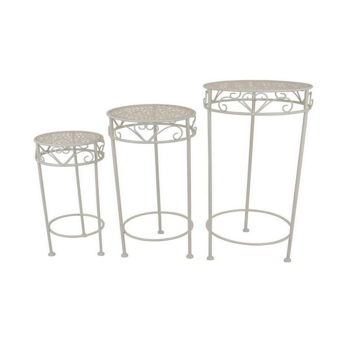 Kyi Nesting Plant Stand Set of 3, Round Carved Cutout Display, Ivory Metal - Benzara