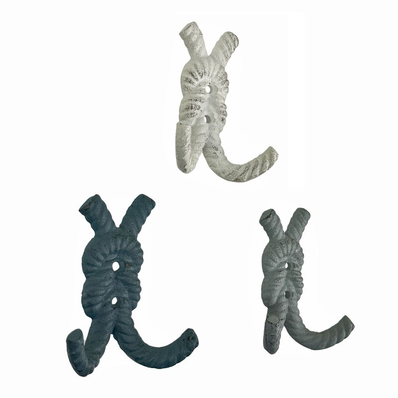 Zeckos 4 Inch Cast Iron Rope Knot Wall Hooks, Set of 3 Nautical Coastal Double Hooks in Green, Blue and White with Matching Screws, Decorative Entryway, Bathroom or Beach House Wall Storage image number 1