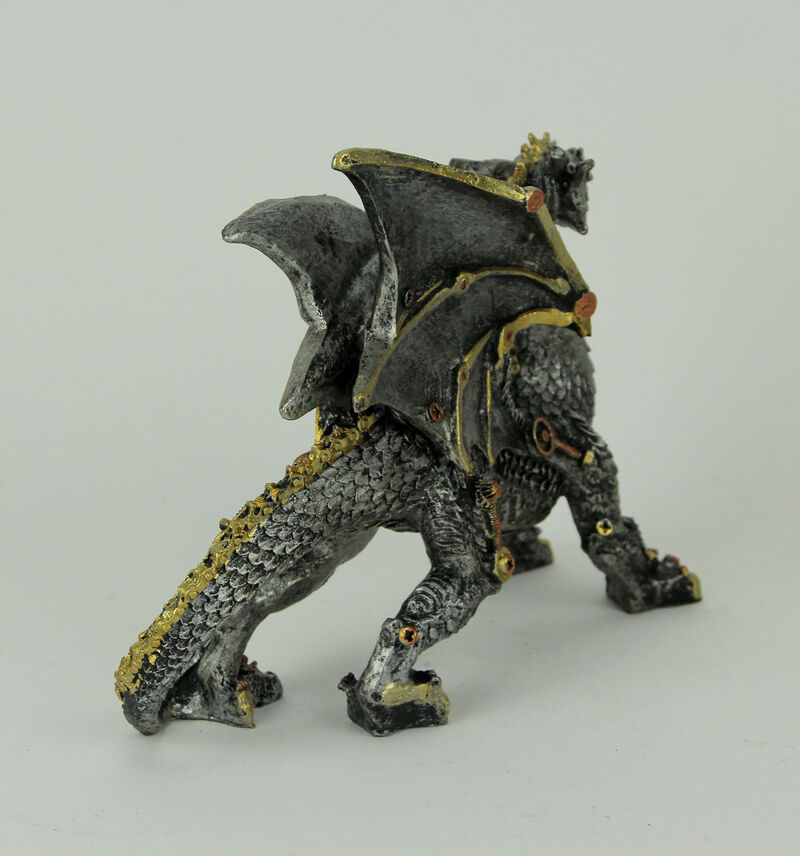 Metallic Silver and Gold Gothic Steampunk Dragon Statue image number 2