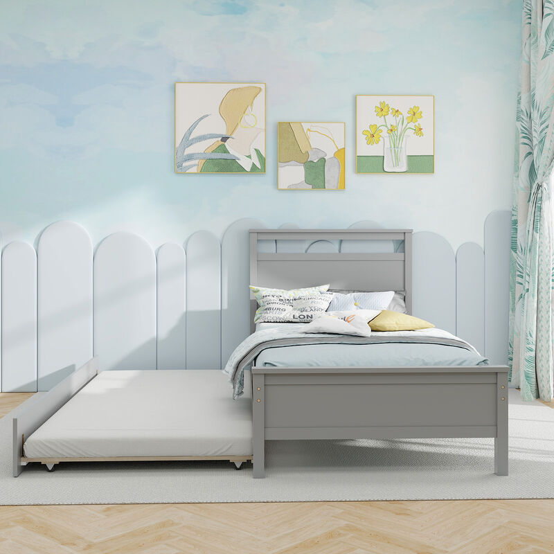 Twin Size Wooden Bed Frame with Trundle for Teens and Adults
