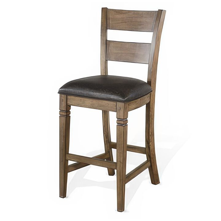 Yael Barstool Chair, Set of 2, Ladderback, Black Microfiber, Taupe Mahogany Wood - Benzara